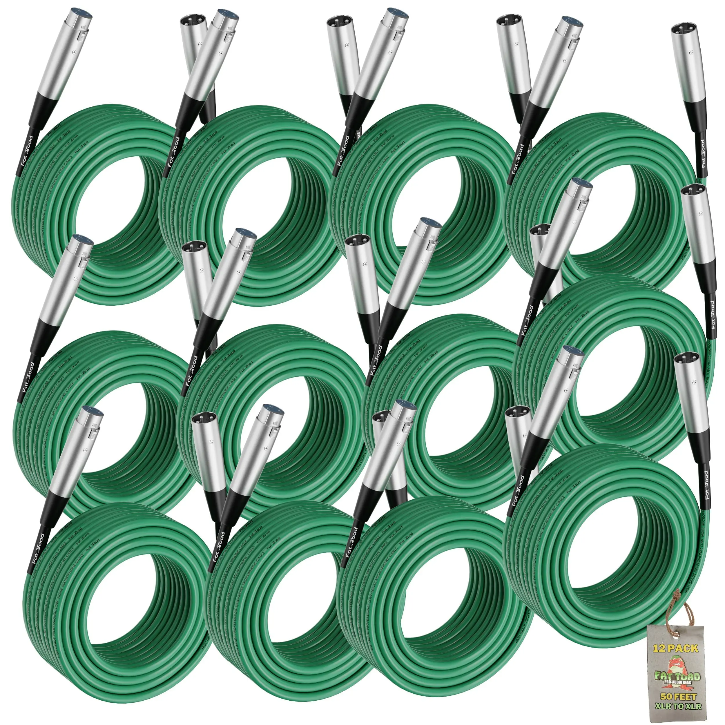 12 PACK - FAT TOAD XLR Microphone Cables | 50ft Professional Pro Audio Green Mic Cord Extension Patch with Lo-Z Connector | 24 AWG Shielded Wire & Balanced for DJ Music Recording Studio Mixer Gear