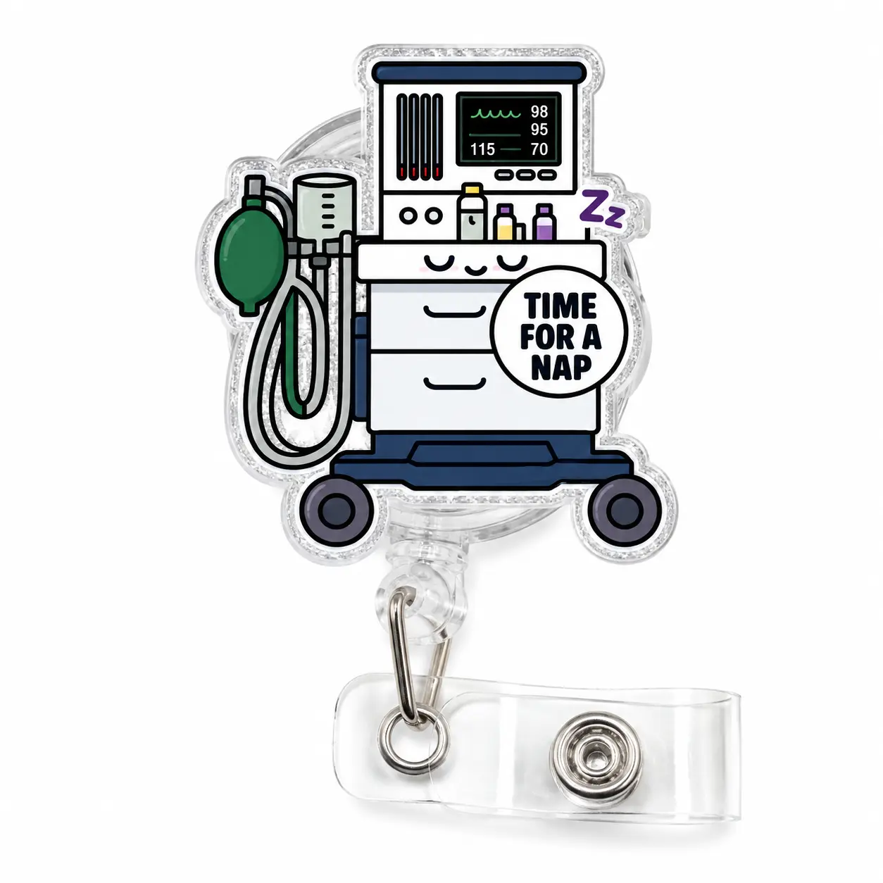 Funny Anesthesia Badge Reel, Time for a Nap Retractable ID Holder, Cute Acrylic Work Badge for CRNA, Anesthesia Provider, OR Staff Gift, 2 3 4 Inch
