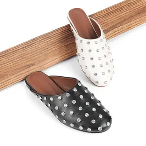 Women’s Rhinestone Mule Slides - Round Toe Polka Dot Slip-On Sandals (Black & White) | Stylish Daily Footwear! Sparkling rhinestone accents, open-back design, all-day comfort—perfect with jeans, dresses, skirts to elevate any look. Slippers