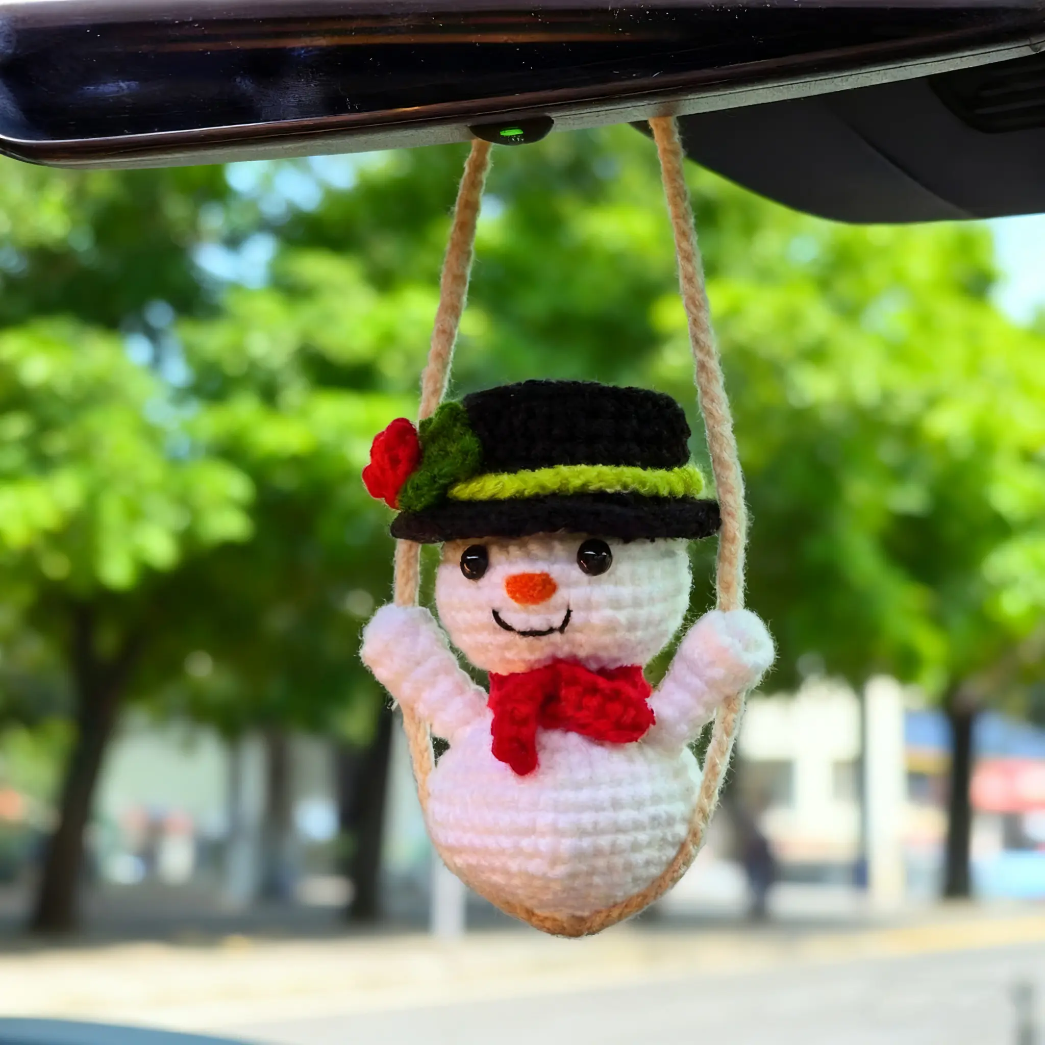 Handmade Knit-Crochet Swinging Snowman Car Hanging Ornament - Rear View Mirror Charm with Red-Black Hat, Festive Decoration with Swing Motion, Adds Whimsical Flair and Personality, Car Hanging Decoration
