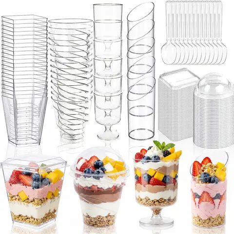 WELLIFE 380-Pack Bulk Set BPA-Free 5 oz Plastic Party Cups - Leak-Proof, Layer-Friendly Disposable Parfait Cups with Lids and Spoons for DIY Desserts, Wedding Tableware, Home Baking Supplies