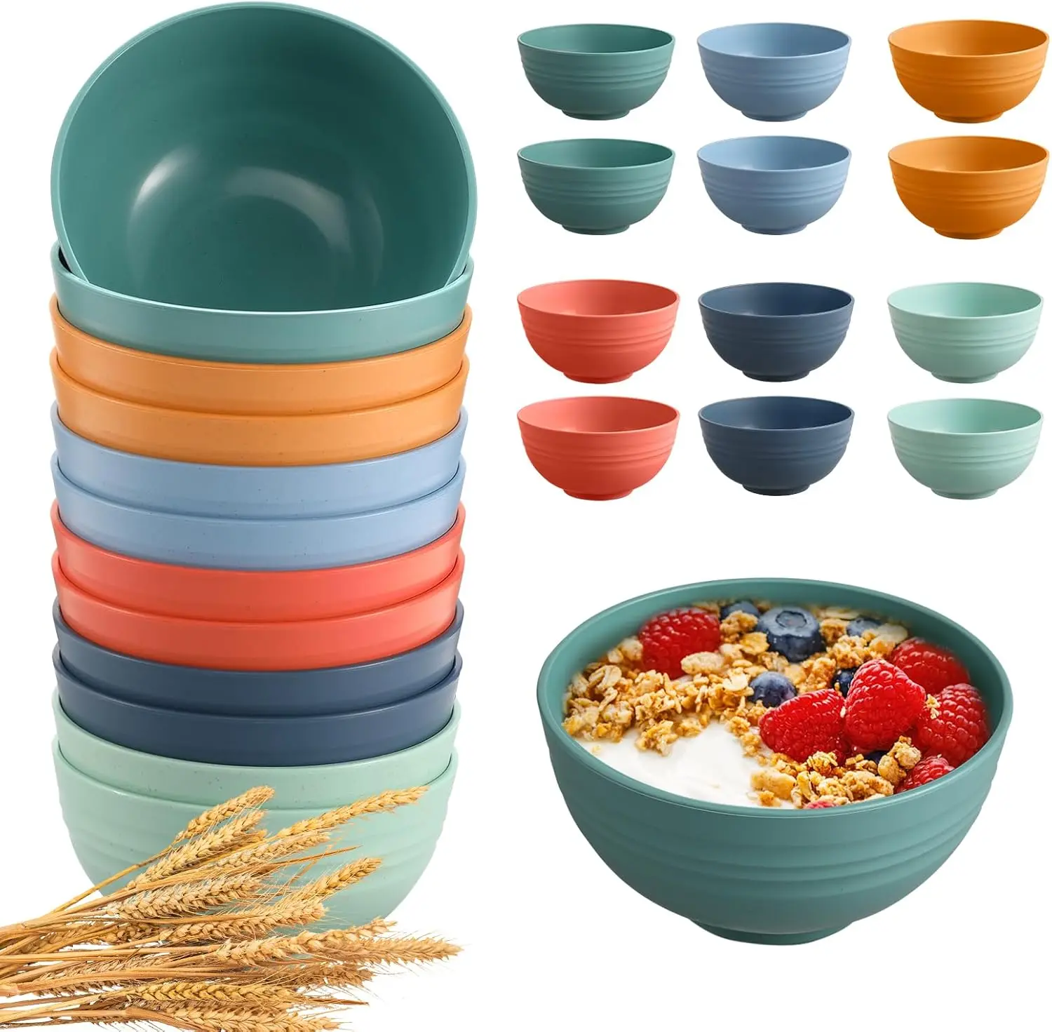 12 Pcs Unbreakable Cereal Bowls Set, 26 Oz Wheat Straw Bowls Set, Microwave & Dishwasher Safe Rice Bowls for Kitchen, Reusable Plastic Bowls for Soup, Salad and Snack, BPA Free