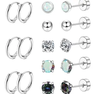 8 Pairs Stainless Steel Hypoallergenic 20 Gauge Earrings Set for Women & Men 5 Flat Back & 3 Hoop Piercing Jewelry with CZ like & Iridescent Labradorescent Stones Small Ball Studs, Everyday & Party Jewelry.