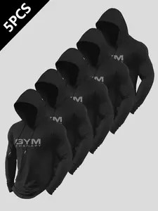 5-Pack Men's Summer Gym Hooded Sweatshirt, Letter Print, Windproof, Casual Long Sleeves, Ideal for Gym, Running, Daily Wear