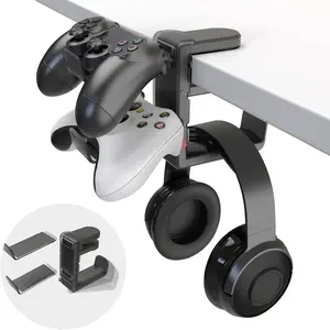3-in-1 PC Gaming Headset&Controller Holder -  Headphone Stand w/Adjustable Clamp&2 Controller Holder&Rotating Arm& Organizer, Universal PC Gaming Accessory Controller Headset Stand-Black