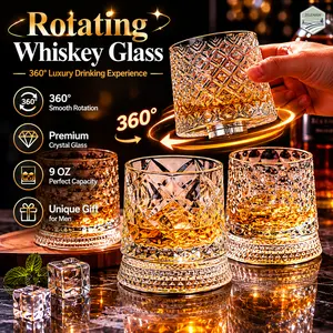 Rotating Whiskey Glass with Base for 360-Degree Rotation 9 Oz Old Fashioned Spinning Whiskey Glasses for Cocktail Rum Cognac Vodka Liquor, Unique Gifts for Men