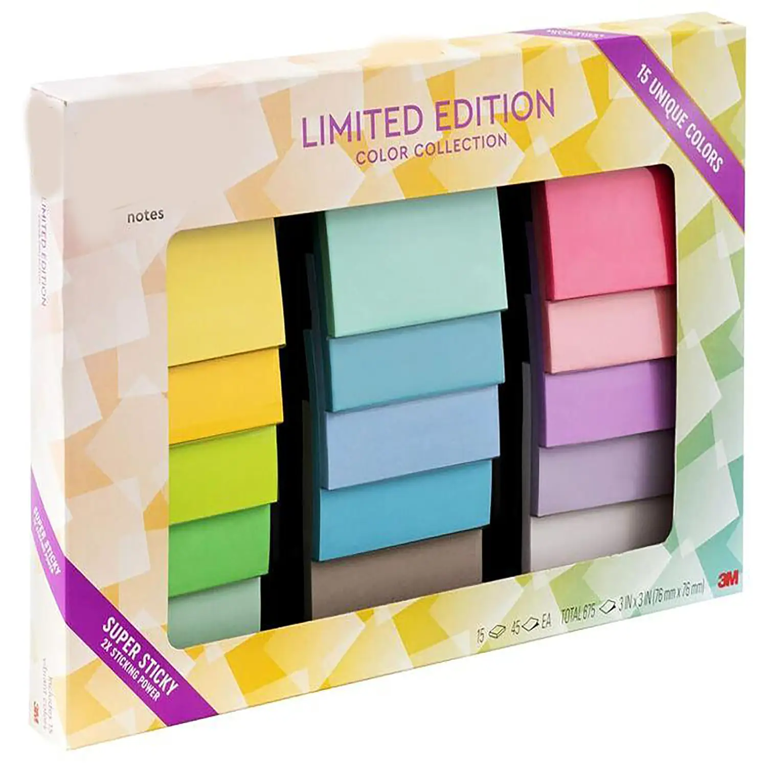 Super Sticky Notes, Limited Edition Color Collection, 3x3 in, 15 Pads/Pack, 45 Sheets/Pad