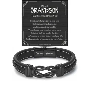 Christmas & Birthday Gifts for Grandson, Artificial Leather Braid Design Bracelet, Casual Style Jewelry with Gift Card Included
