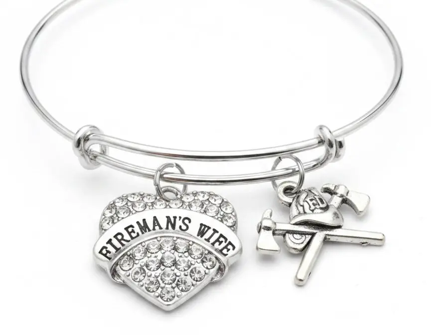 Fireman’s Wife Charm Bracelet – Silver Expandable Bangle with Firefighter Helmet & Axe Charms – Firefighter Wife Jewelry Gift