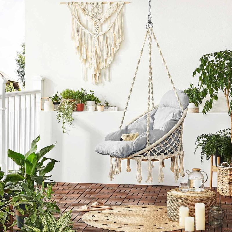 SONGMICS HOME Hanging Chair, Hammock Chair with Large, Thick Cushion, Boho Swing Chair for Bedroom, Patio, Balcony, Garden, Holds up to 264 lb, Accessories Included