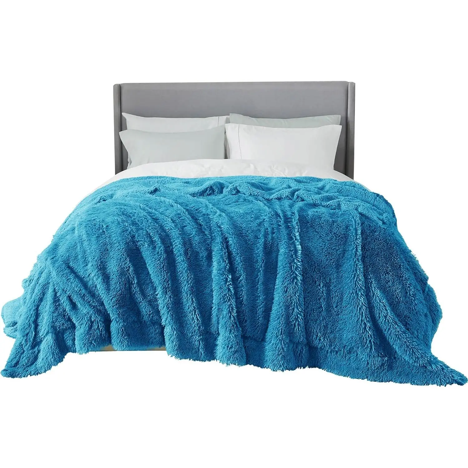Double-Sided Ultra Soft King Size (108x90in) Solid Shaggy Plush Faux Fur Sherpa Blanket - Blue, Thick Stylish Softness Snuggle Warm Modern Winter Bedding, Machine Washable Valentine Gift for Women, Do Not Use Chlorine, King (108 X 90)