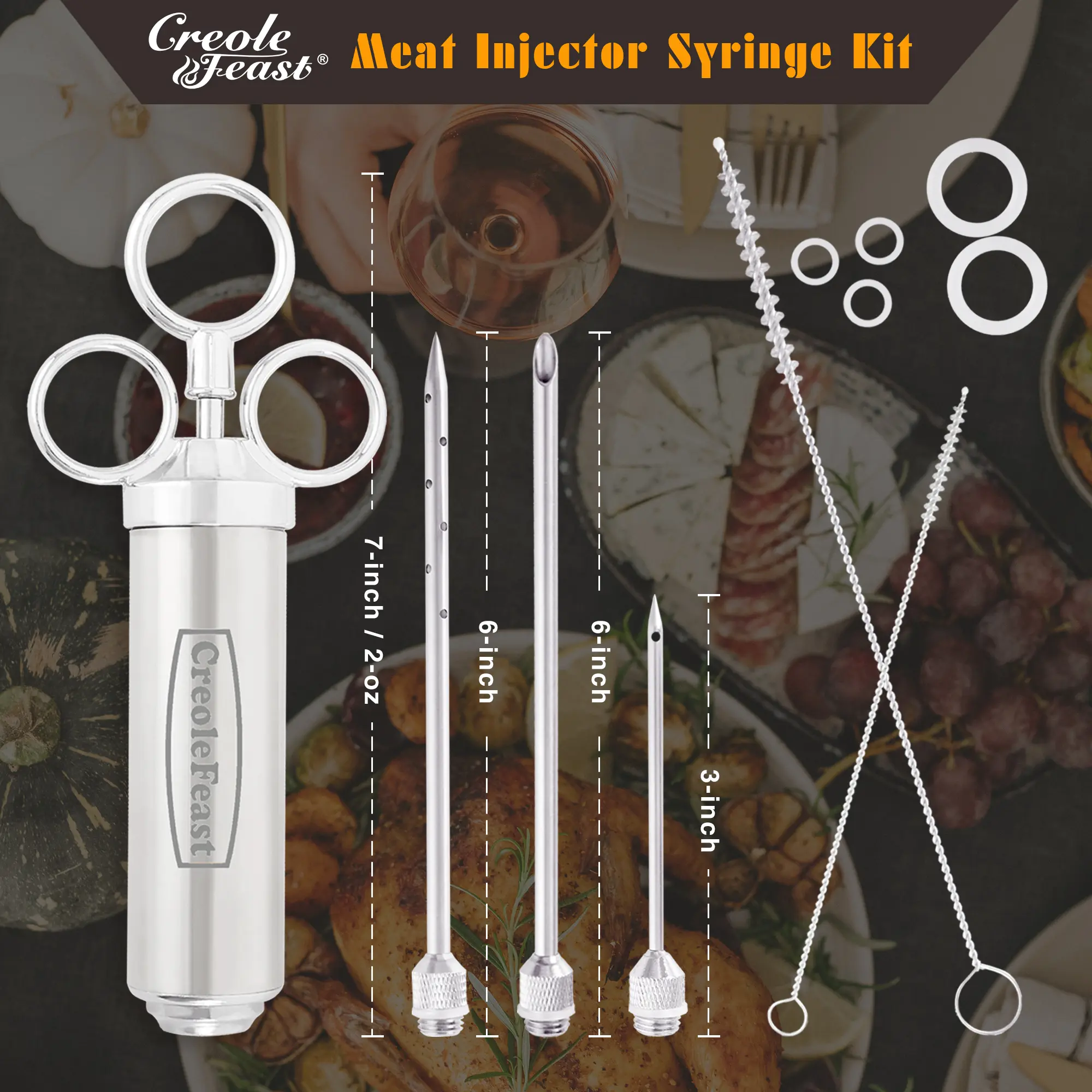 Creole Feast IS1001 Stainless Steel Meat Injector Syringe Kit, 3 Marinade Injection Needles for BBQ, Turkey, Chicken & Steak, 2 oz BBQ Tool for Grill and Smoker Cooking, Silver