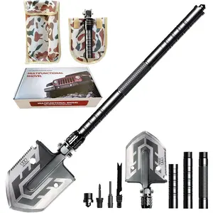 Folding Survival Military Camping Shovel Multifunctional Compact Multitool Tactical Entrenching Tool for Camping Hiking Backpacking Fishing Black
