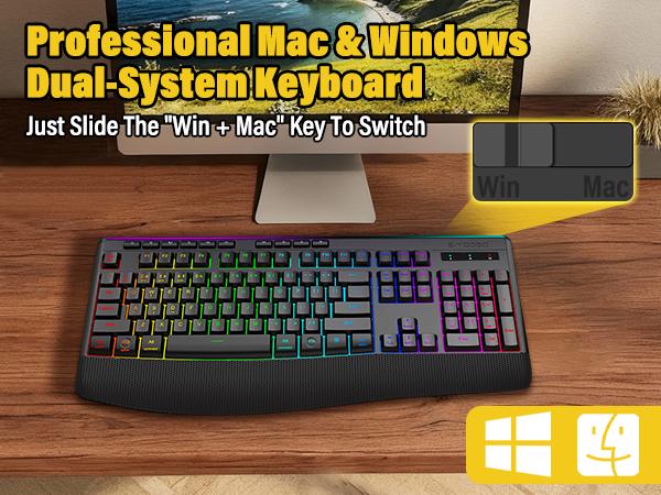 E-YOOSO Tri-Mode Wireless Mechanical Feel Keyboard - 104 Keys Full-Size Silent Quiet Keys - 8 RGB Backlit - BT5.0/2.4G/Wired - Ergonomic Palm Rest for Windows, Mac, Laptop, PS5, Xbox