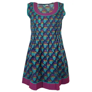Tunic for Women Purple Kurti Flower Design Chapti Pattern Round Neck Turquoise Patch, Sleeveless Kurta Tunic Top.