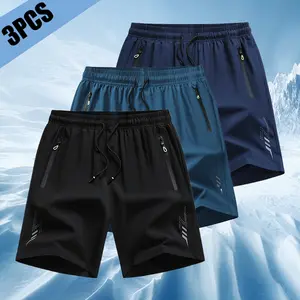 Set of 3 black men’s casual loose athletic quick-dry shorts with elastic waistband and drawstring, pockets—lightweight running shorts for fitness training,Summervibes