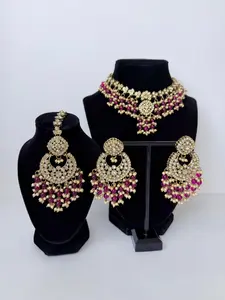 Bollywood Ziana Stonwork Necklace Set with Earrings and Tikka