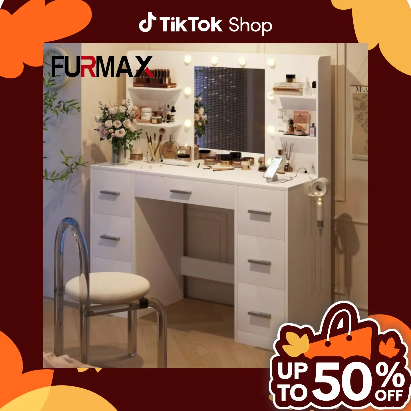 FURMAX Makeup Vanity with Mirror and Drawers Vanity Desk Set with 3 Modes Adjustable Brightness Lights and USB Power Outlet