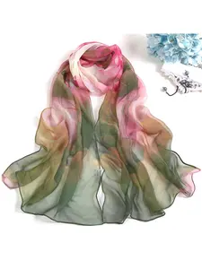 1 piece of women's long Chinese-style lotus print chiffon scarf, Boho Style Scarf, sheer wrap, beach towel and sun protection shawl