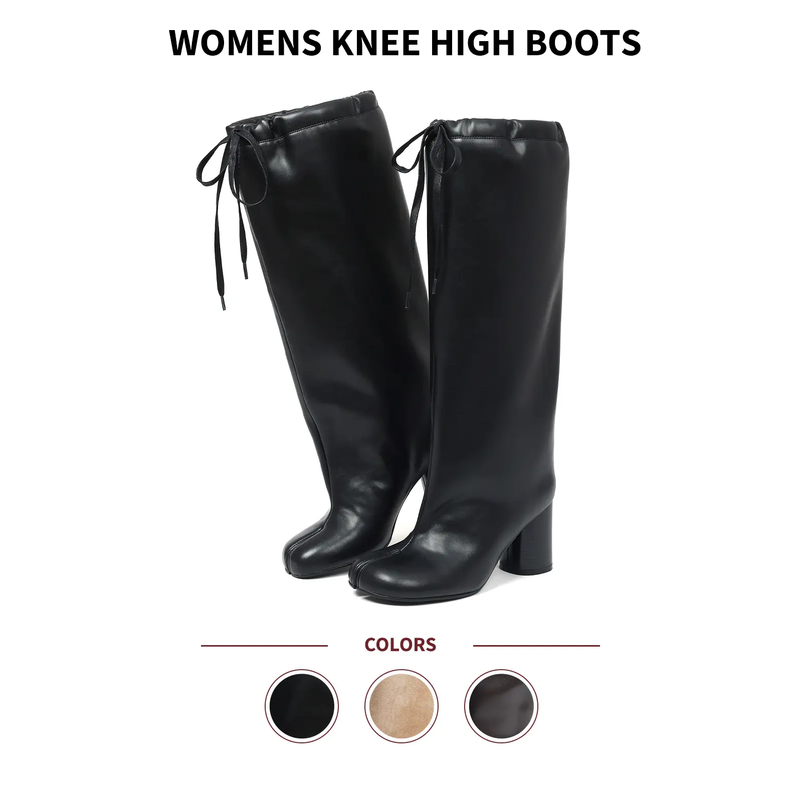 Women Knee High Boots Split Toe Chunky Block Heel Pull On Adjustable Tie Top Comfy Trendy Chic Premium Urban Old Money Style Vintage Inspired Statement Boots Shopping Travel Vacation Party Graduation Coffee Date Evening Event Summer Modern Tall Boots