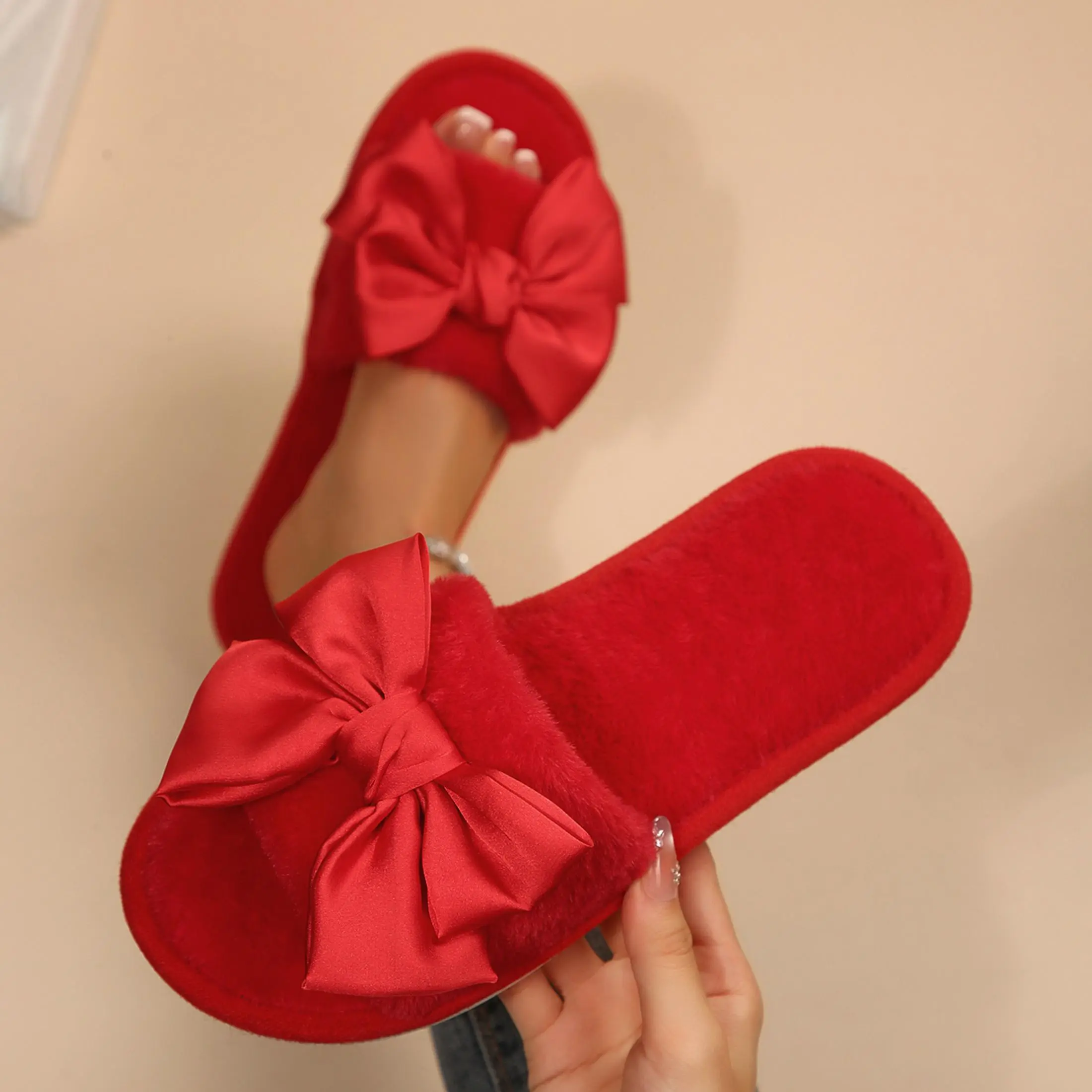 Women Satin Big Bow Fuzzy Slide Slippers Open Toe Fluffy Plush Indoor Home Casual Bedroom Slides