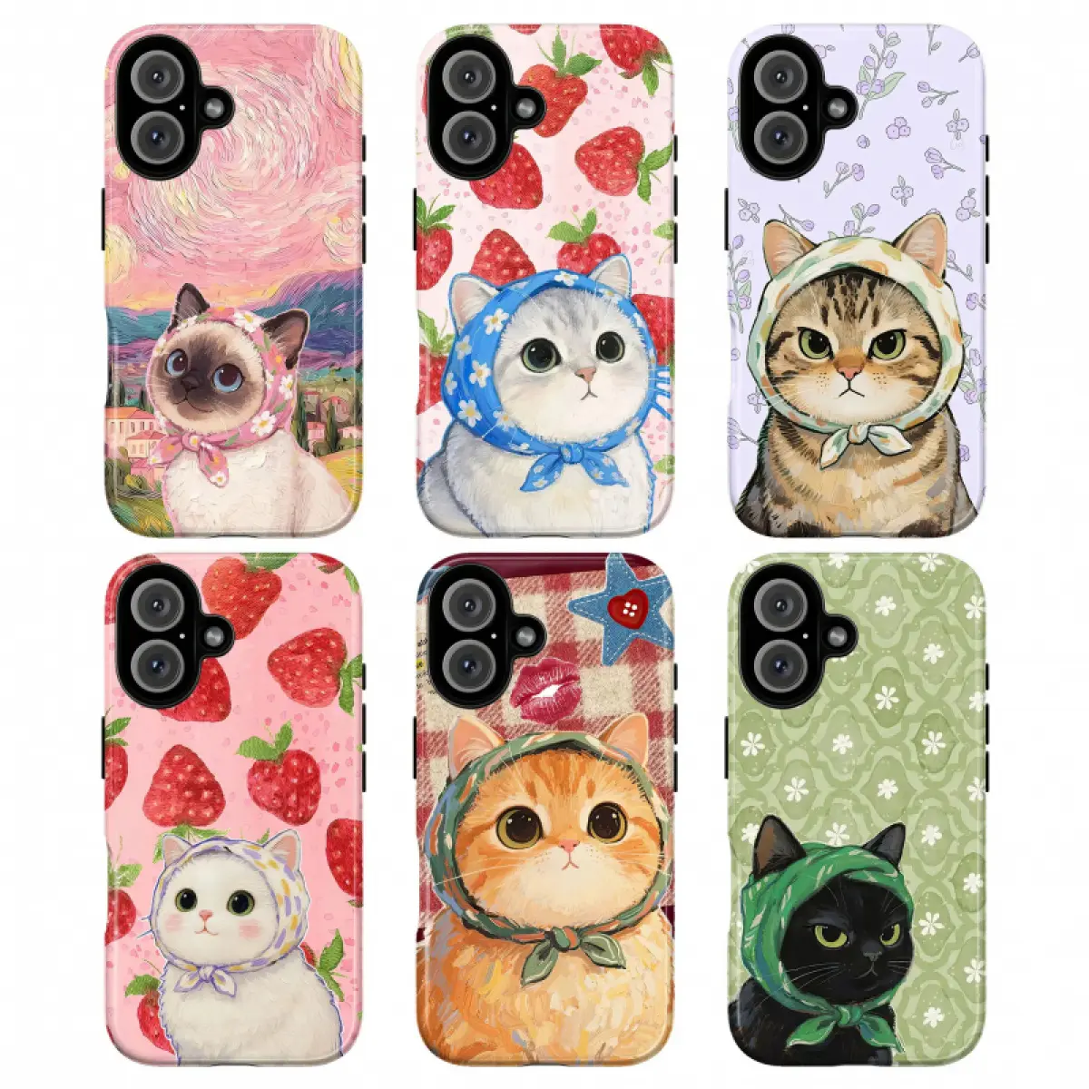 Vintage Cute Cat Cellphone Case Collection - Portable, Lightweight Premium Selected Materials TPU-PC Casing, HD Printed Scarf & Flower Patterns, Heavy Duty Shockproof Protection for iPhone 11-17, Samsung Galaxy 22-25 Mobile Accessories, Durable