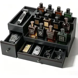 Real Pine Wood Cologne Organizer for Men, 2-Drawer Anti-Tip 3-Tier Perfume Stand for Large, Fully Assembled Dresser Valet Tray, Luxury Elegant Gift for Husband Dad, Boyfriend, Black & Gray