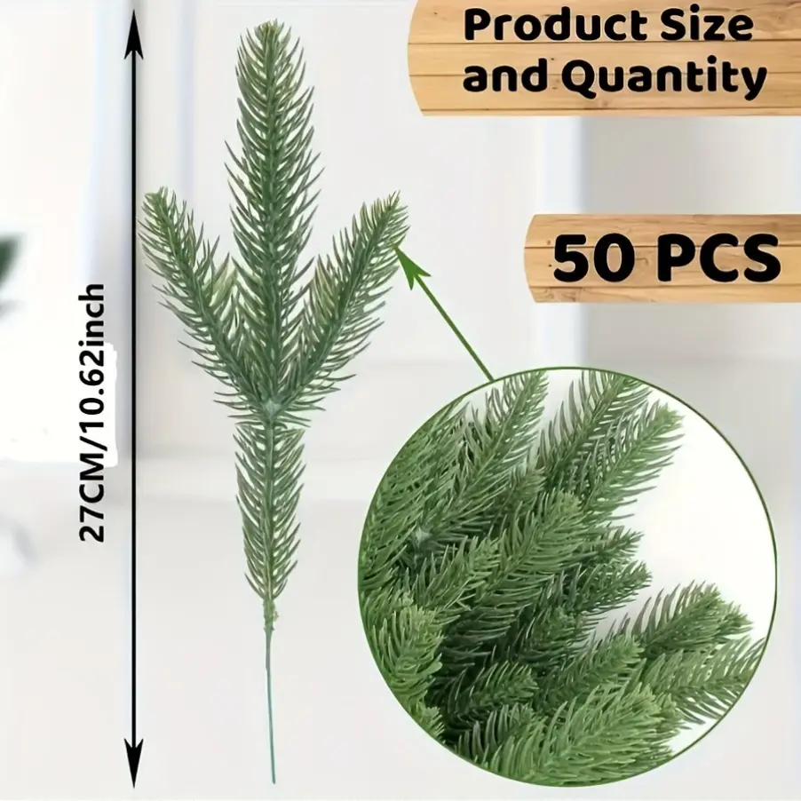Silvanest Sun Rain Safe Durable Plastic Artificial Pine Needle Tree Branches - 25/50 Pcs, 10.62 in Green Plant Picks for DIY Garland, Christmas Door, Birthday Decorations