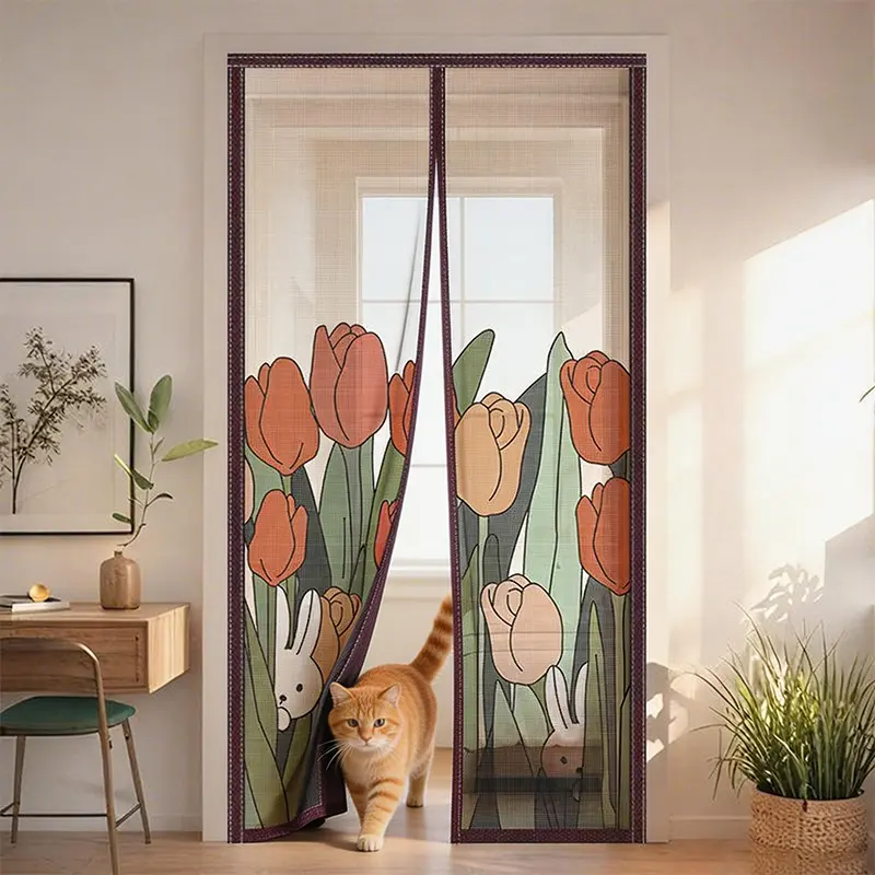 Vintage Botanical  Mesh  Screen - Elegant Floral Privacy Partition,  Summer Fly Screen, Tool-Free Installation For Bedroom & Living Room Magnetic Breathable Mosquito Door Curtain
