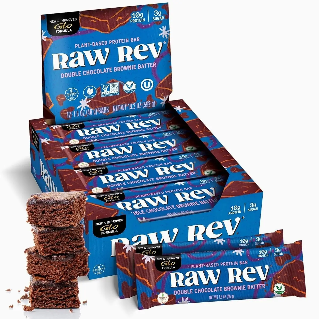 Raw Rev Glo Protein Bar, Double Chocolate Brownie Batter, 12 Bars | Vegan & Dairy-Free Protein Bar | Gluten-Free | Plant-Based | No Sugar Alcohols | Kosher | Keto-Friendly