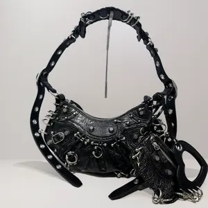 2025 Autumn Winter New Ins Internet Celebrity Same Style Heavy Dark Metal Motorcycle Bag Large Capacity Single Shoulder Adjustable Strap Crossbody Women's Bag Trendy Personality High-Value Commuter Women's Bag Tote