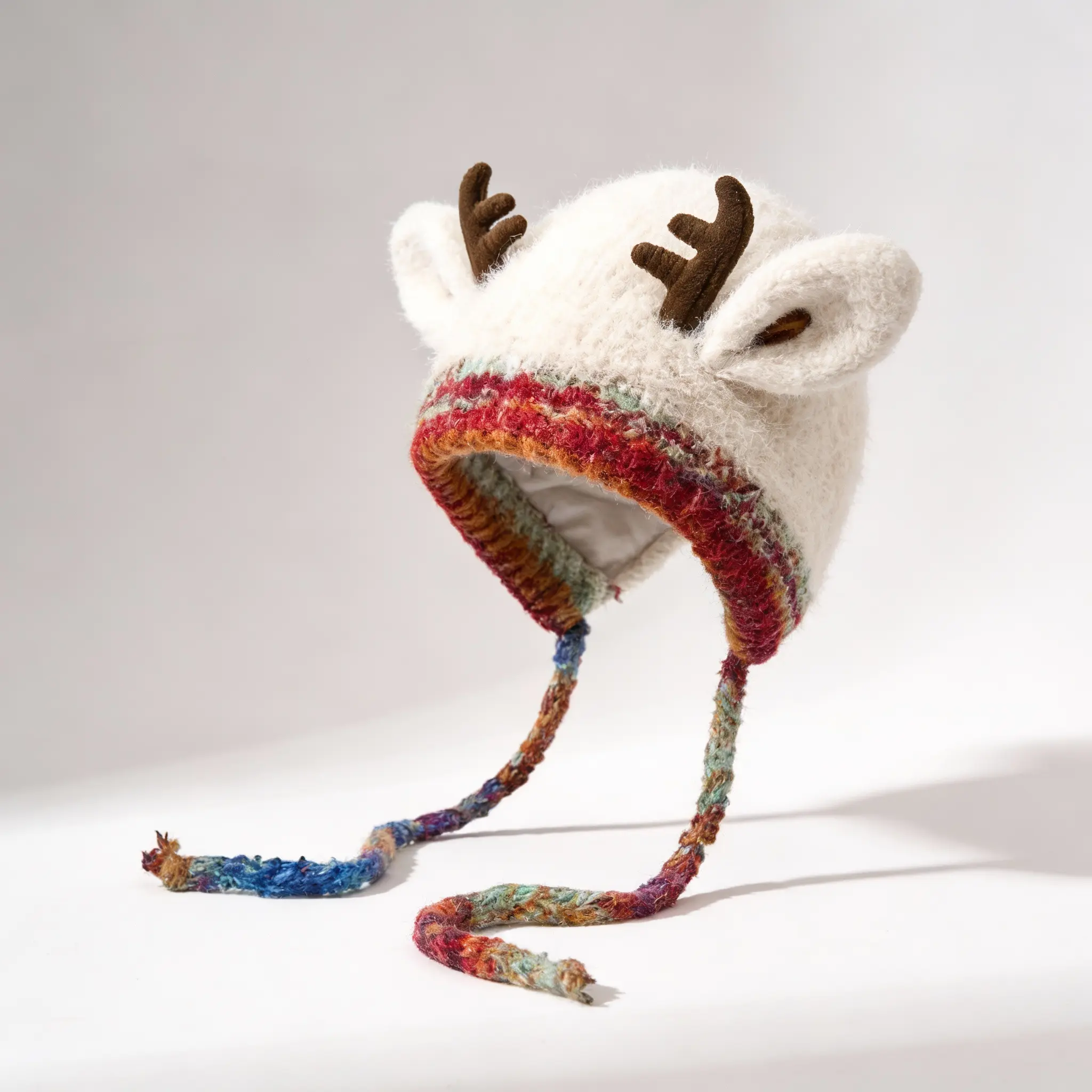 Women's Warm Portable 3D Antlers Reindeer Knit Hat - Ear Flaps with Ties, Soft Lightweight Plush Cotton Winter Beanie, Outdoor Holiday Birthday Accessory