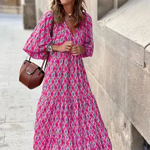 Geometric Patchwork Sleeves Dress for Plus-Size Women - Long Sleeve Boho Style All Over Print Dress Ideal for Festival and Party Outings