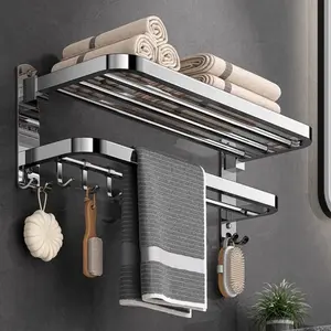 304 Stainless Steel Folding Towel Rack, Punching and Punch-free Dual-purpose Bath Towel Rack, Good Product for Hotels and Homes, Bathroom Towel Hanger, Storage Rack, Thickened and Reinforced, Food-grade Stainless Steel
