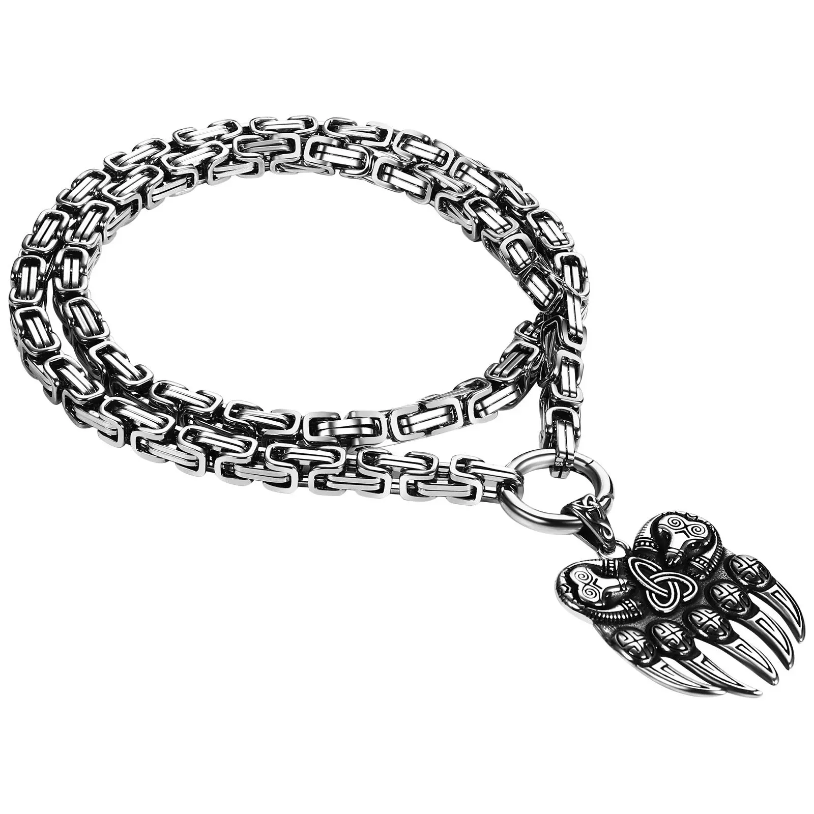 OIDEA Men's Viking Necklace, Stainless Steel Norse Wolf and Bear Claw Amulet with 24-Inch Heavy Byzantine Chain, Chunky Gothic Jewelry for Father's Day, Norse Mythology, Chunky Jewelry, 24 Inches, 3D Cast Detailing, Biker, Goth, Gift Ideas, Wolf Claw, Cas