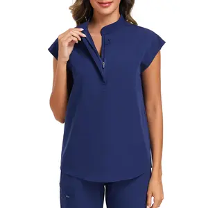 VECARDI Women Scrub Top 4 Way Stretch Zipper Work Blouse Short Sleeve Nursing Top with Two Pockets Navy