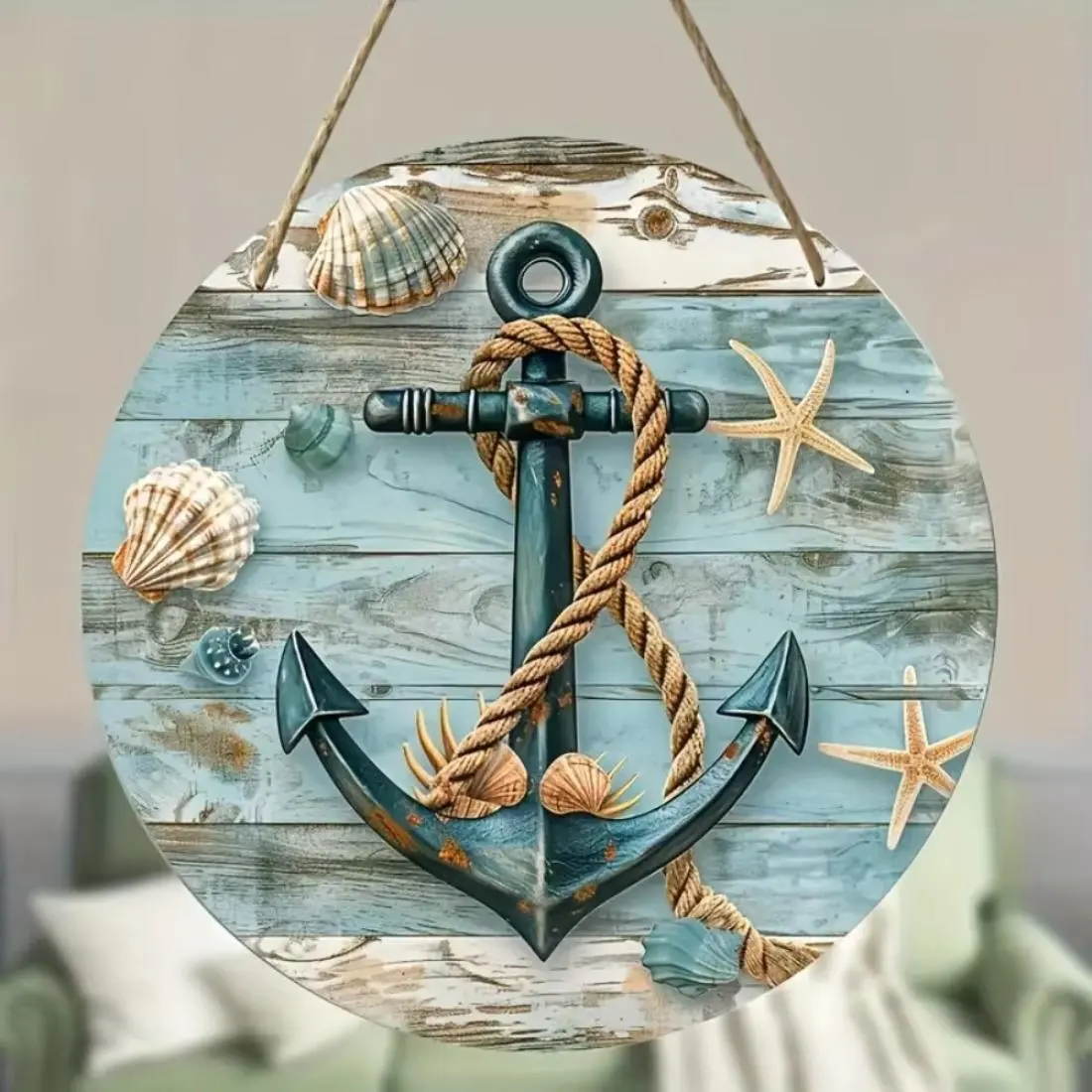 Rustic Farmhouse Design Round Wreath Aluminum Sign, Beach Theme Wall Decor, Wall Hanging Decor for Home Garden Door Living Room, Home Decor