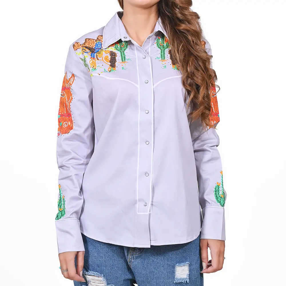 American Darling 100% Satin Cotton Western Shirt – Crystal Rhinestone Cowboy Rodeo Printed Top
