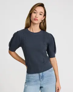 Express Cotton Textured Crew Neck Puff Sleeve Sweater
