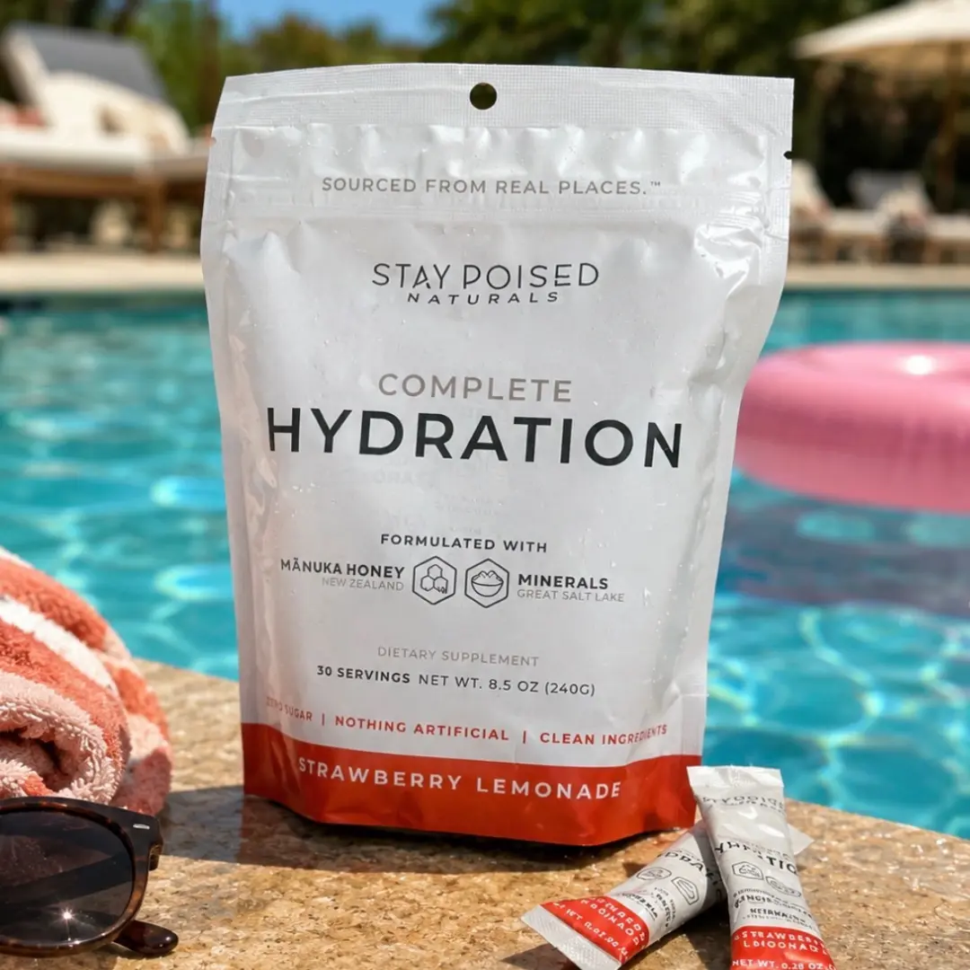 Stay Poised Complete Hydration Electrolyte Powder Packets – Strawberry Lemonade Drink Mix, No Added Sugar, Magnesium Glycinate, New Zealand Manuka Honey, Vitamin C, Zinc, Vegan, Stick Packs