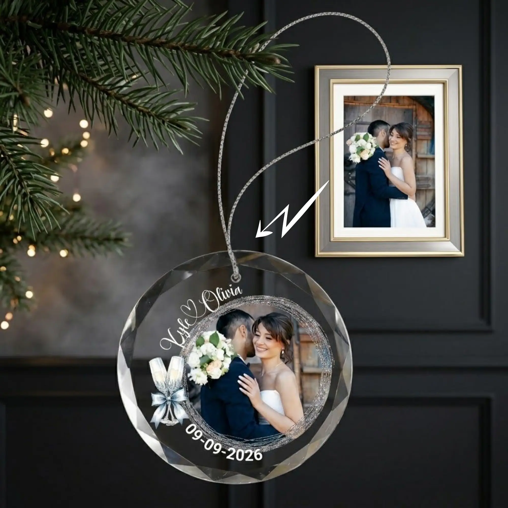 Personalized Wedding Glass Ornament | Custom Photo Christmas Ornament with Names & Date | UV Printed Crystal Keepsake Gift for Couples
