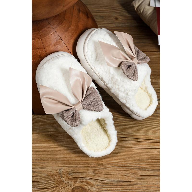 White Contrast Bowknot Applique Plush Winter Slippers (Colors May Differ by Batch)