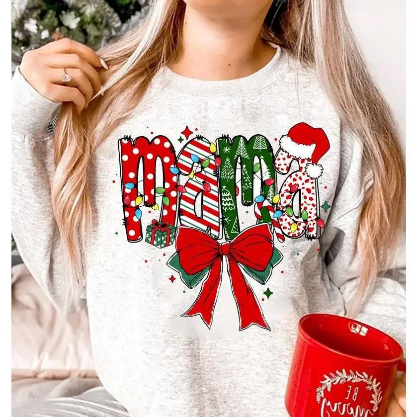 Christmas Mama Coquette Bow Sweatshirt, Mama Christmas Shirt, Merry Mama T-Shirt, Mom Christmas Tee, Matching Family Xmas Shirt, Gift For Mom O9