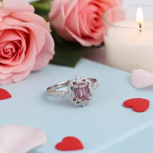 King of Bling's 2.00CT Womens 925 Silver White VVS D Pink Moissanite Emerald Engagement Ring SZ7