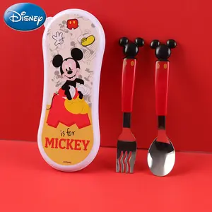 1Set Disney Officially Licensed Mickey Mouse Tableware Set Cute 2Pcs Spoon Fork with Storage Box Portable Stainless Steel Utensil Kit for Home Dining Travel and Picnic Use Ideal Gift for Disney Fans and Cartoon Lovers