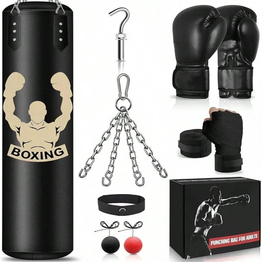 1 x 4ft Unfilled PU Leather Hanging Punching Bag Set - Multi-Layered Shock Absorption Boxing Training Gear, 12oz Gloves, Reflex Ball for Home Gym, Teens & Adults, Color Retention Sparring Equipment, Sparring Gear, Training Boxing Equipment, Full Set, 1 X,