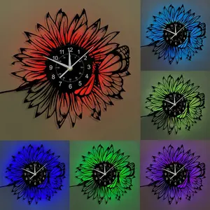 Vintage Vinyl Record Wall Clock with Sunflower Butterfly Theme, Unique Home Decor for Living Room and Office, Perfect Gift for Any Occasion