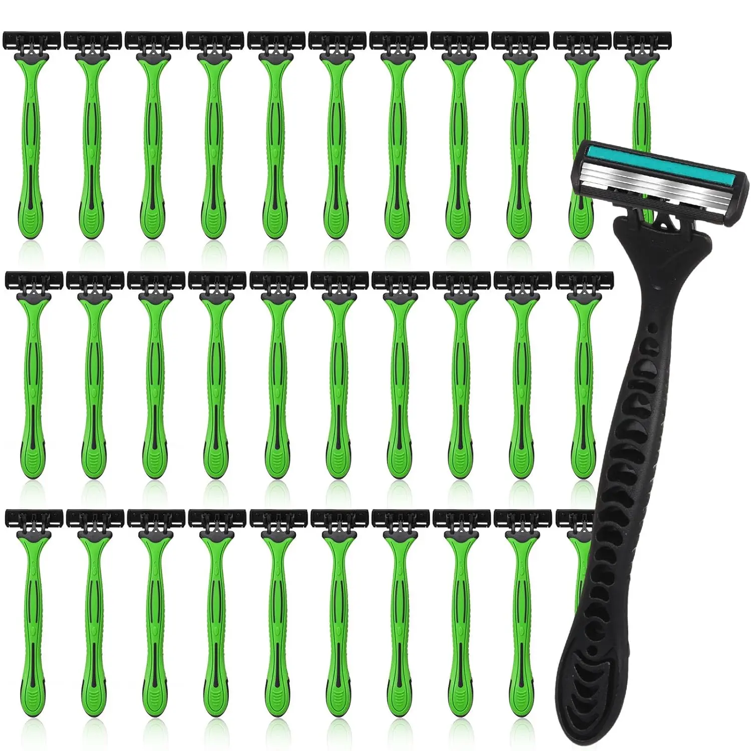 32 Pcs Men's Disposable Razors with 3 Stainless Steel Blades for Sensitive Skin, Lightweight Shavers for Smooth Hair Removal and Body Care, Bulk, Individually Wrapped, Rubber Grip, Three Blades
