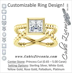 Cubic Zirconia Engagement Ring- The Maria Leeslii  (Customizable Bezel-set Princess Cut Solitaire with Wide Beaded-Metal Split-Band)