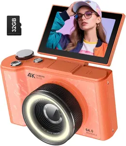 Digital Camera for Photography,4k Camera with Ring Light，180° Flip Screen Camera for Vlogging with Beauty Mode,Point and Shoot Digital Cameras for Beginner with SD Card (Orange) Memory Lens Compact Charging Birthday
